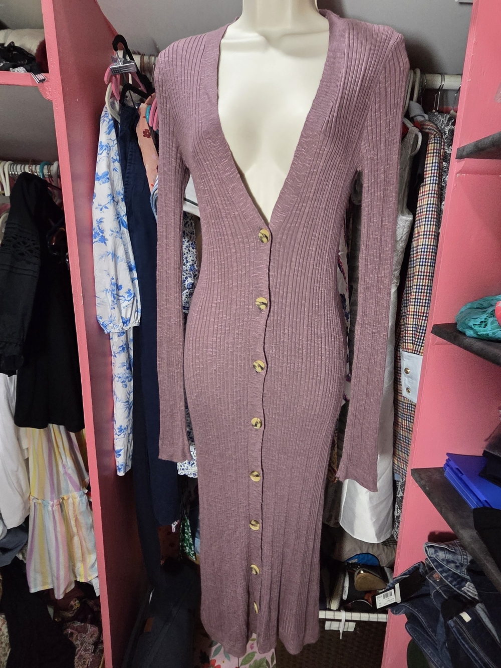 Free People Ribbed Button-Front Midi Dress XS